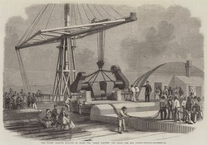 De Patent Derrick die de as voor haar peddelmotoren aan boord van de Great Eastern haalt